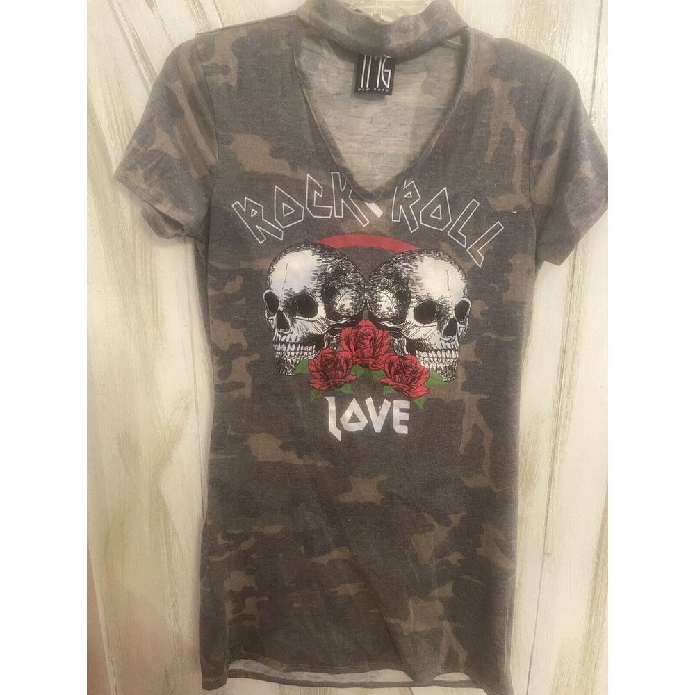 TMG grey Camo bodycom tank dress size L Skulls Roses Rock N Roll Rayon/nylon
